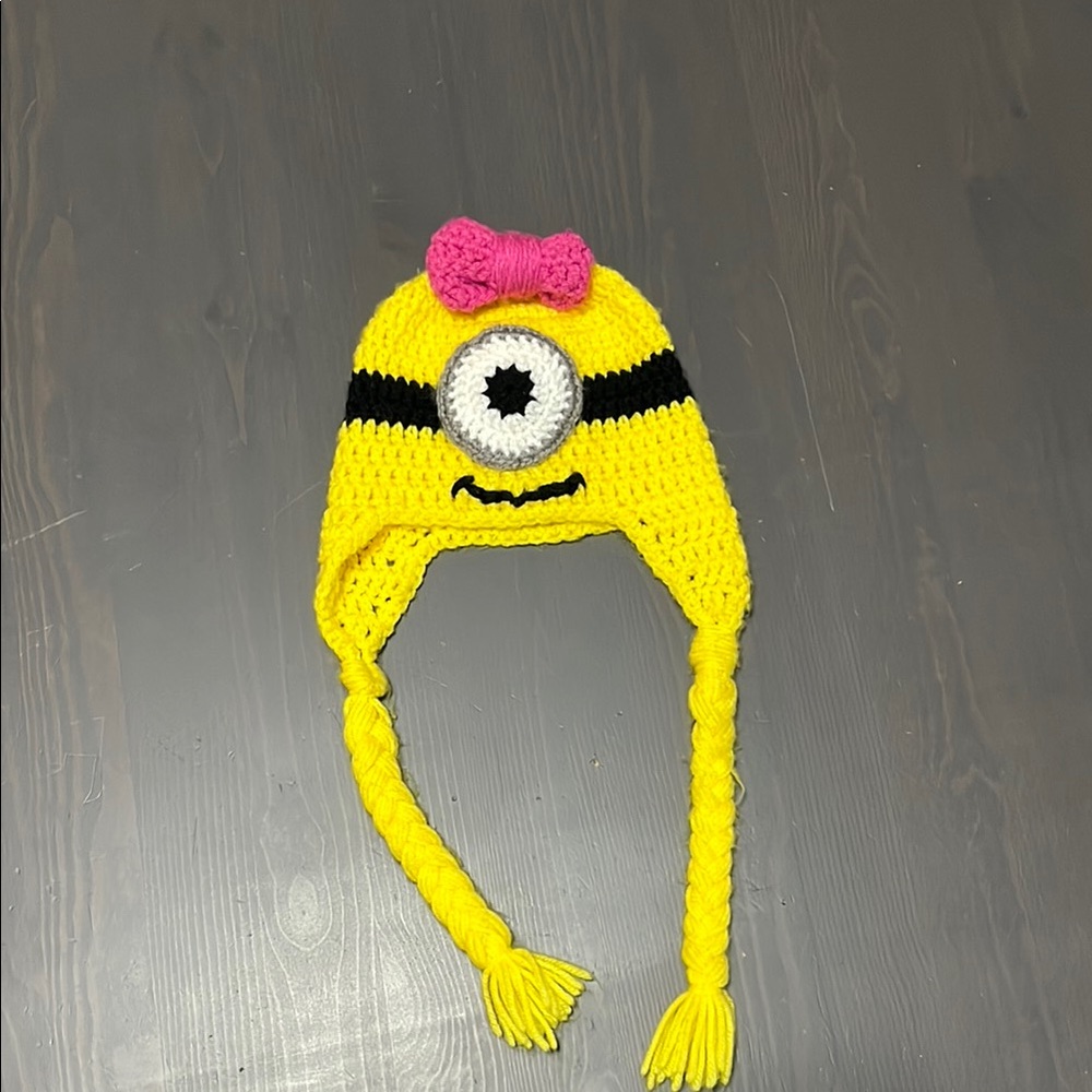 Yellow Crochet Minion-Inspired Hat with Pink Bow